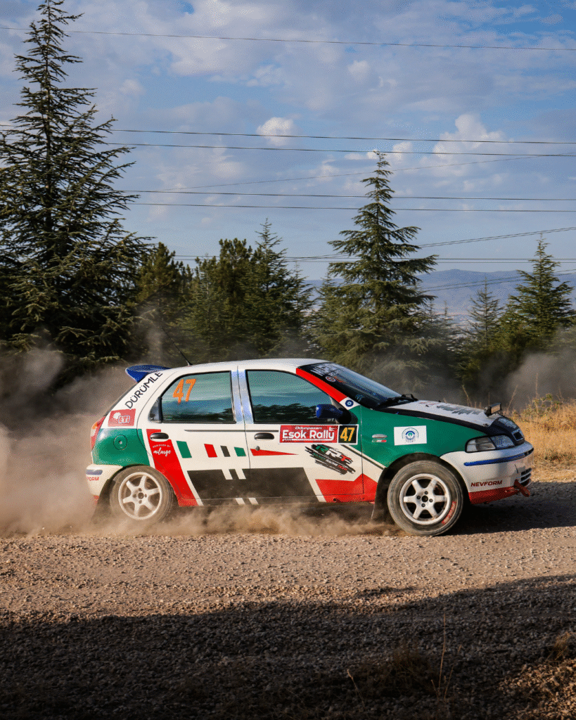 Rolmot Racing Team Fiat Palio rally car sliding on a gravel road during Esok Rally in Turkey