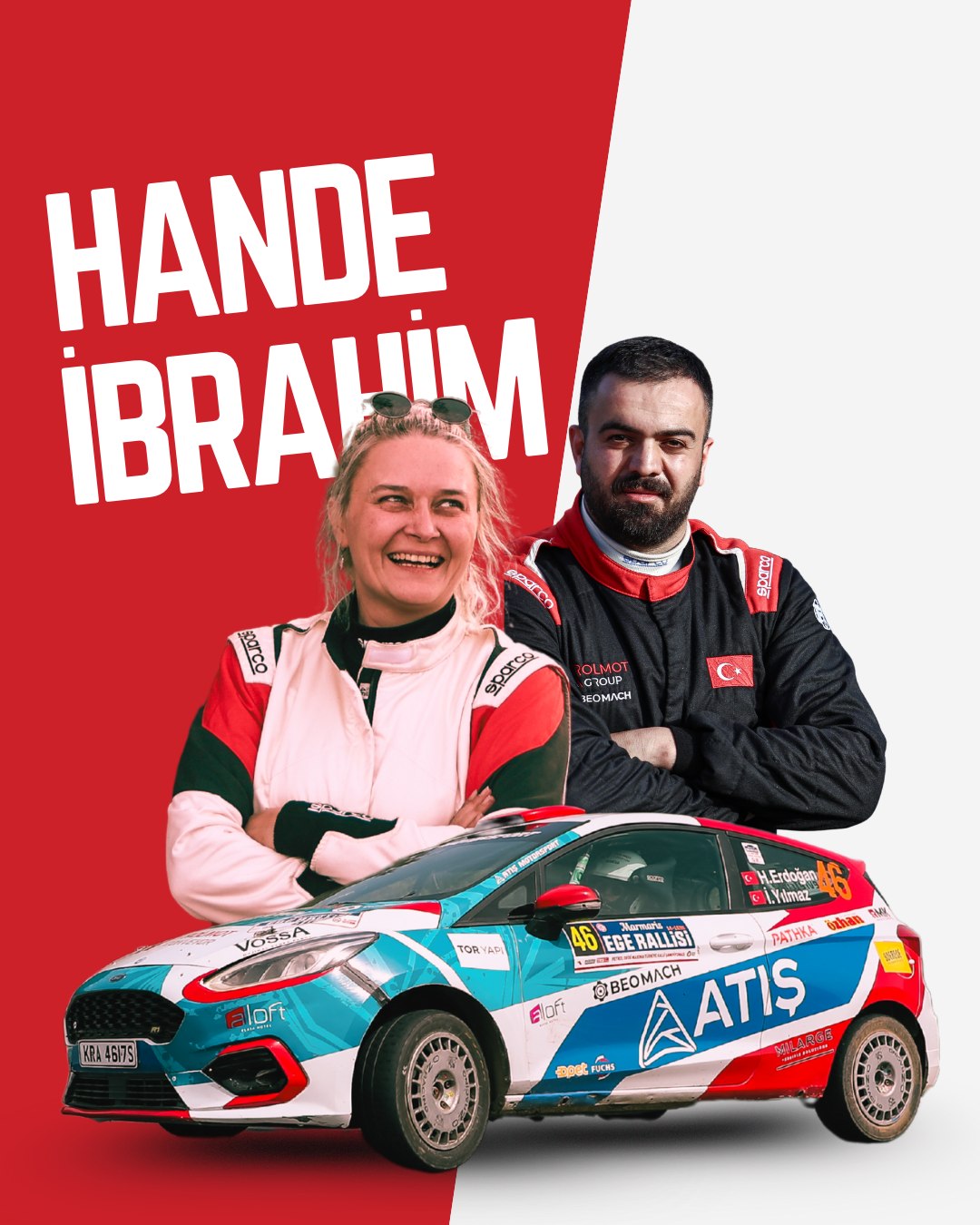 Rolmot Racing Team rally drivers Hande and İbrahim posing with their rally car in team colors